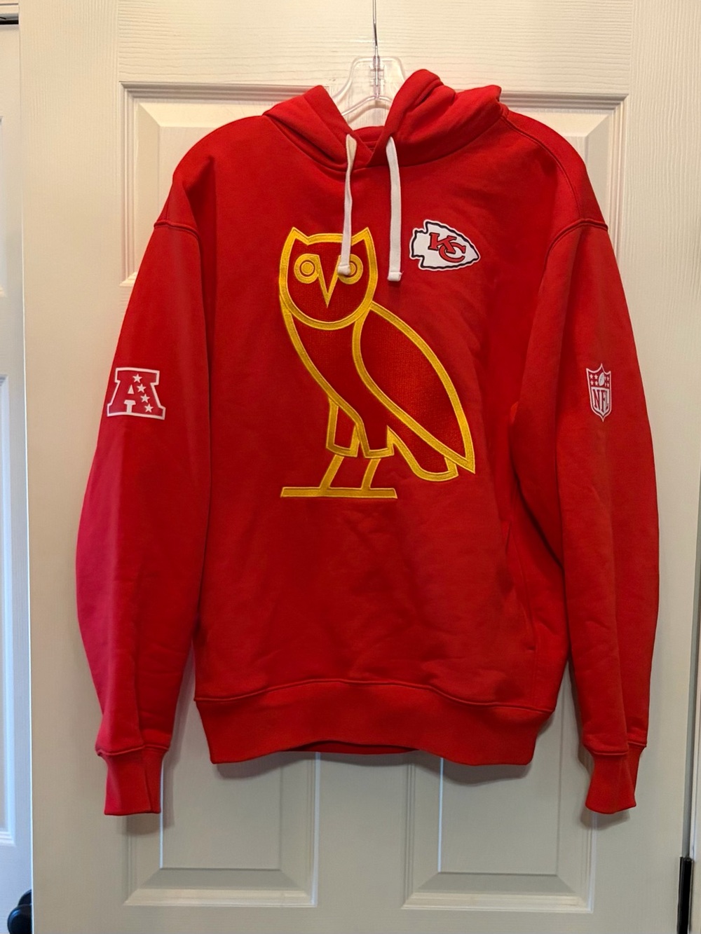 Red OVO x Chiefs Pullover Hoodie with Yellow Owl Graphic